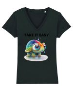 Broasca testoasa pictata in acuarela cu mesajul  Take it Easy Tricou mânecă scurtă guler V Damă Evoker