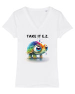 Broasca testoasa pictata in acuarela cu mesajul  Take it E.Z. Tricou mânecă scurtă guler V Damă Evoker