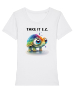 Broasca testoasa pictata in acuarela cu mesajul  Take it E.Z. Tricou mânecă scurtă guler larg fitted Damă Expresser
