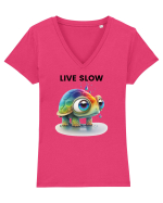 Broasca testoasa pictata in acuarela cu mesajul Live Slow Tricou mânecă scurtă guler V Damă Evoker