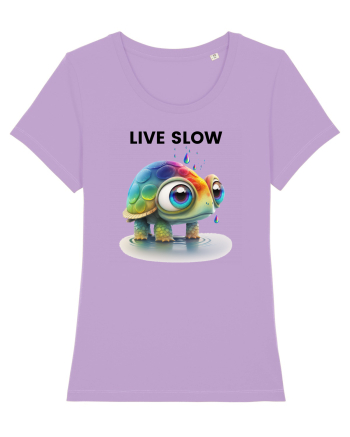 Broasca testoasa pictata in acuarela cu mesajul Live Slow Lavender Dawn