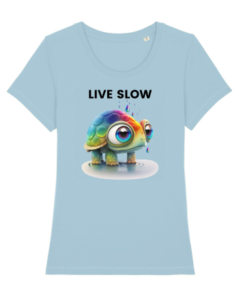 Broasca testoasa pictata in acuarela cu mesajul Live Slow Sky Blue