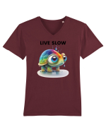 Broasca testoasa pictata in acuarela cu mesajul Live Slow Tricou mânecă scurtă guler V Bărbat Presenter