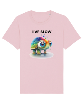 Broasca testoasa pictata in acuarela cu mesajul Live Slow Cotton Pink