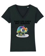 Broasca testoasa pictata in acuarela cu mesajul Take Life Easy but Serious Tricou mânecă scurtă guler V Damă Evoker