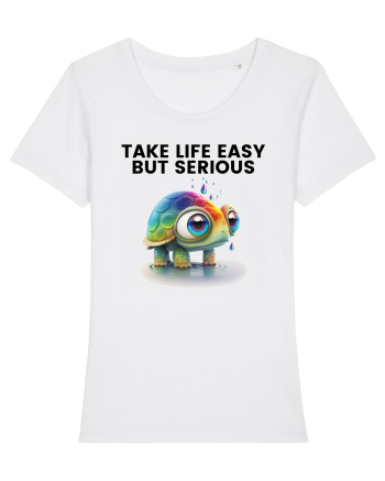 Broasca testoasa pictata in acuarela cu mesajul Take Life Easy but Serious White