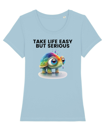 Broasca testoasa pictata in acuarela cu mesajul Take Life Easy but Serious Sky Blue