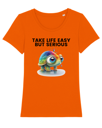 Broasca testoasa pictata in acuarela cu mesajul Take Life Easy but Serious Bright Orange