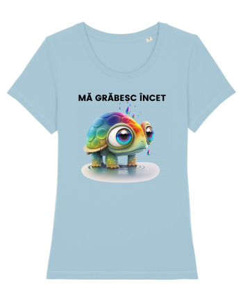 Broasca testoasa pictata in acuarela cu mesajul Ma grabesc Incet Sky Blue
