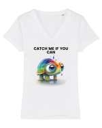 Broasca testoasa pictata in acuarela cu mesajul Catch Me If You Can Tricou mânecă scurtă guler V Damă Evoker