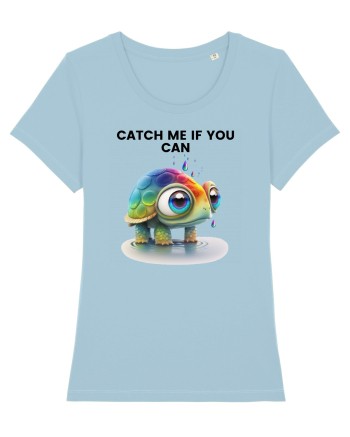 Broasca testoasa pictata in acuarela cu mesajul Catch Me If You Can Sky Blue