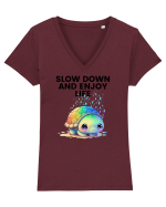 Broasca testoasa pictata in acuarela cu mesajul  Slow Down and Enjoy Life Tricou mânecă scurtă guler V Damă Evoker