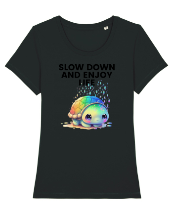 Broasca testoasa pictata in acuarela cu mesajul  Slow Down and Enjoy Life Black