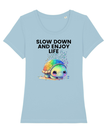 Broasca testoasa pictata in acuarela cu mesajul  Slow Down and Enjoy Life Sky Blue