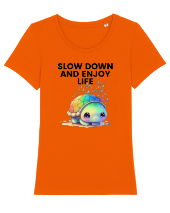 Broasca testoasa pictata in acuarela cu mesajul  Slow Down and Enjoy Life Bright Orange