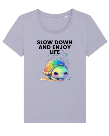 Broasca testoasa pictata in acuarela cu mesajul  Slow Down and Enjoy Life Lavender