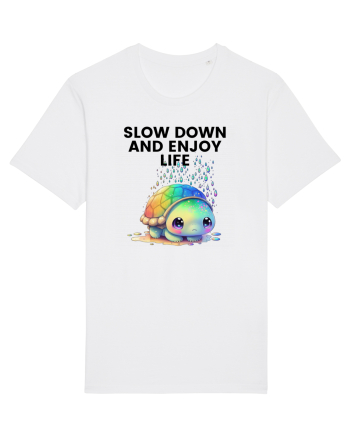 Broasca testoasa pictata in acuarela cu mesajul  Slow Down and Enjoy Life White