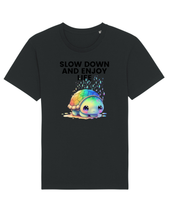 Broasca testoasa pictata in acuarela cu mesajul  Slow Down and Enjoy Life Black