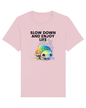 Broasca testoasa pictata in acuarela cu mesajul  Slow Down and Enjoy Life Cotton Pink