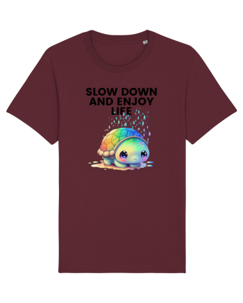 Broasca testoasa pictata in acuarela cu mesajul  Slow Down and Enjoy Life Burgundy