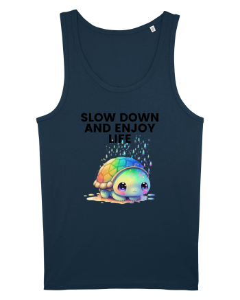 Broasca testoasa pictata in acuarela cu mesajul  Slow Down and Enjoy Life Navy