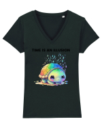 Broasca testoasa pictata in acuarela cu mesajul  Time is an Illusion Tricou mânecă scurtă guler V Damă Evoker