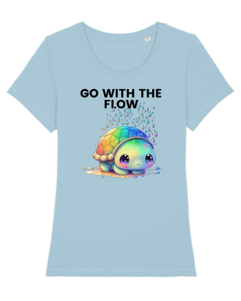 Broasca testoasa pictata in acuarela cu mesajul  Go with the Flow Sky Blue