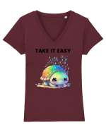 Broasca testoasa pictata in acuarela cu mesajul  Take it Easy Tricou mânecă scurtă guler V Damă Evoker