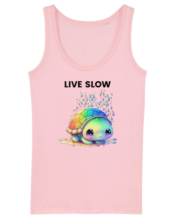 Broasca testoasa pictata in acuarela cu mesajul Live Slow Cotton Pink