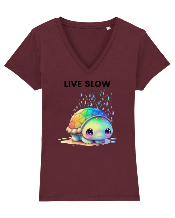 Broasca testoasa pictata in acuarela cu mesajul Live Slow Burgundy