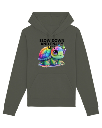 Broasca testoasa pictata in acuarela cu mesajul  Slow Down and Enjoy Life Khaki