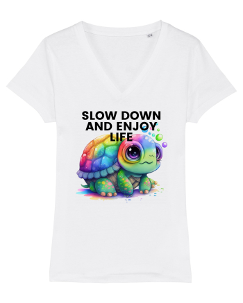 Broasca testoasa pictata in acuarela cu mesajul  Slow Down and Enjoy Life White