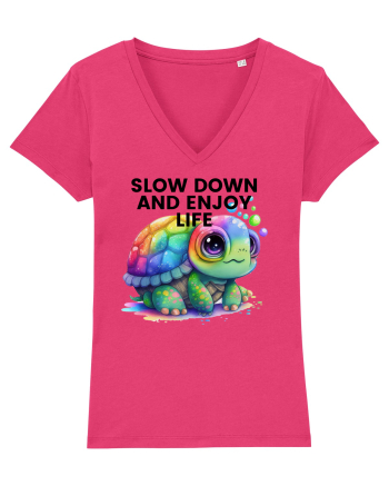 Broasca testoasa pictata in acuarela cu mesajul  Slow Down and Enjoy Life Raspberry