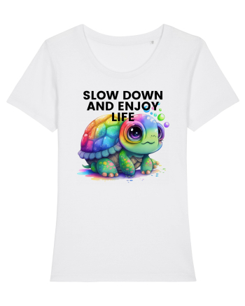 Broasca testoasa pictata in acuarela cu mesajul  Slow Down and Enjoy Life White
