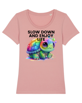 Broasca testoasa pictata in acuarela cu mesajul  Slow Down and Enjoy Life Canyon Pink