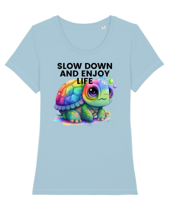 Broasca testoasa pictata in acuarela cu mesajul  Slow Down and Enjoy Life Sky Blue
