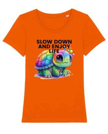 Broasca testoasa pictata in acuarela cu mesajul  Slow Down and Enjoy Life Bright Orange