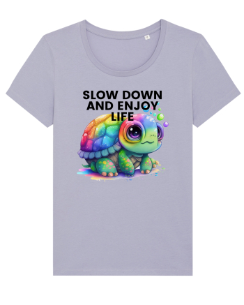 Broasca testoasa pictata in acuarela cu mesajul  Slow Down and Enjoy Life Lavender