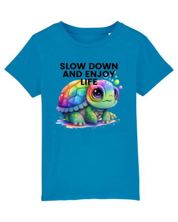 Broasca testoasa pictata in acuarela cu mesajul  Slow Down and Enjoy Life Azur