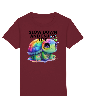 Broasca testoasa pictata in acuarela cu mesajul  Slow Down and Enjoy Life Burgundy