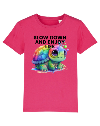 Broasca testoasa pictata in acuarela cu mesajul  Slow Down and Enjoy Life Raspberry
