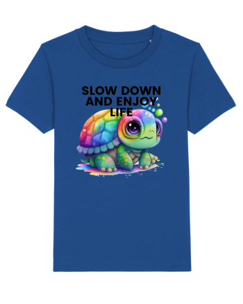 Broasca testoasa pictata in acuarela cu mesajul  Slow Down and Enjoy Life Majorelle Blue