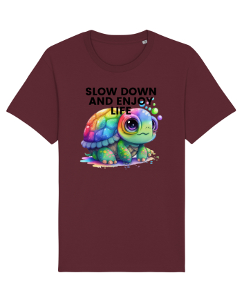 Broasca testoasa pictata in acuarela cu mesajul  Slow Down and Enjoy Life Burgundy