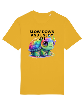 Broasca testoasa pictata in acuarela cu mesajul  Slow Down and Enjoy Life Spectra Yellow