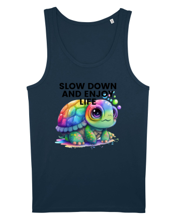 Broasca testoasa pictata in acuarela cu mesajul  Slow Down and Enjoy Life Navy