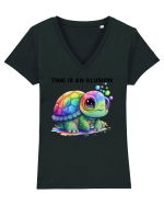 Broasca testoasa pictata in acuarela cu mesajul  Time is an Illusion Tricou mânecă scurtă guler V Damă Evoker