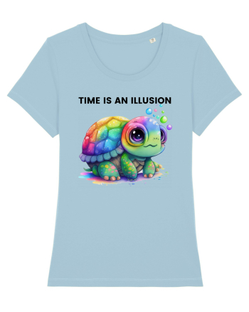 Broasca testoasa pictata in acuarela cu mesajul  Time is an Illusion Sky Blue