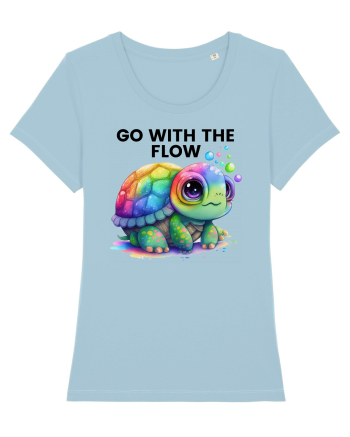 Broasca testoasa pictata in acuarela cu mesajul  Go with the Flow Sky Blue