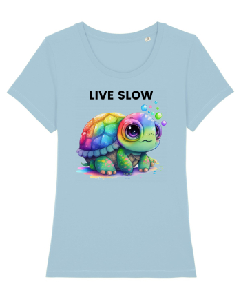 Broasca testoasa pictata in acuarela cu mesajul Live Slow Sky Blue