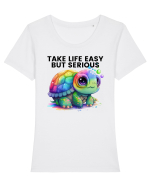 Broasca testoasa pictata in acuarela cu mesajul Take Life Easy but Serious Tricou mânecă scurtă guler larg fitted Damă Expresser
